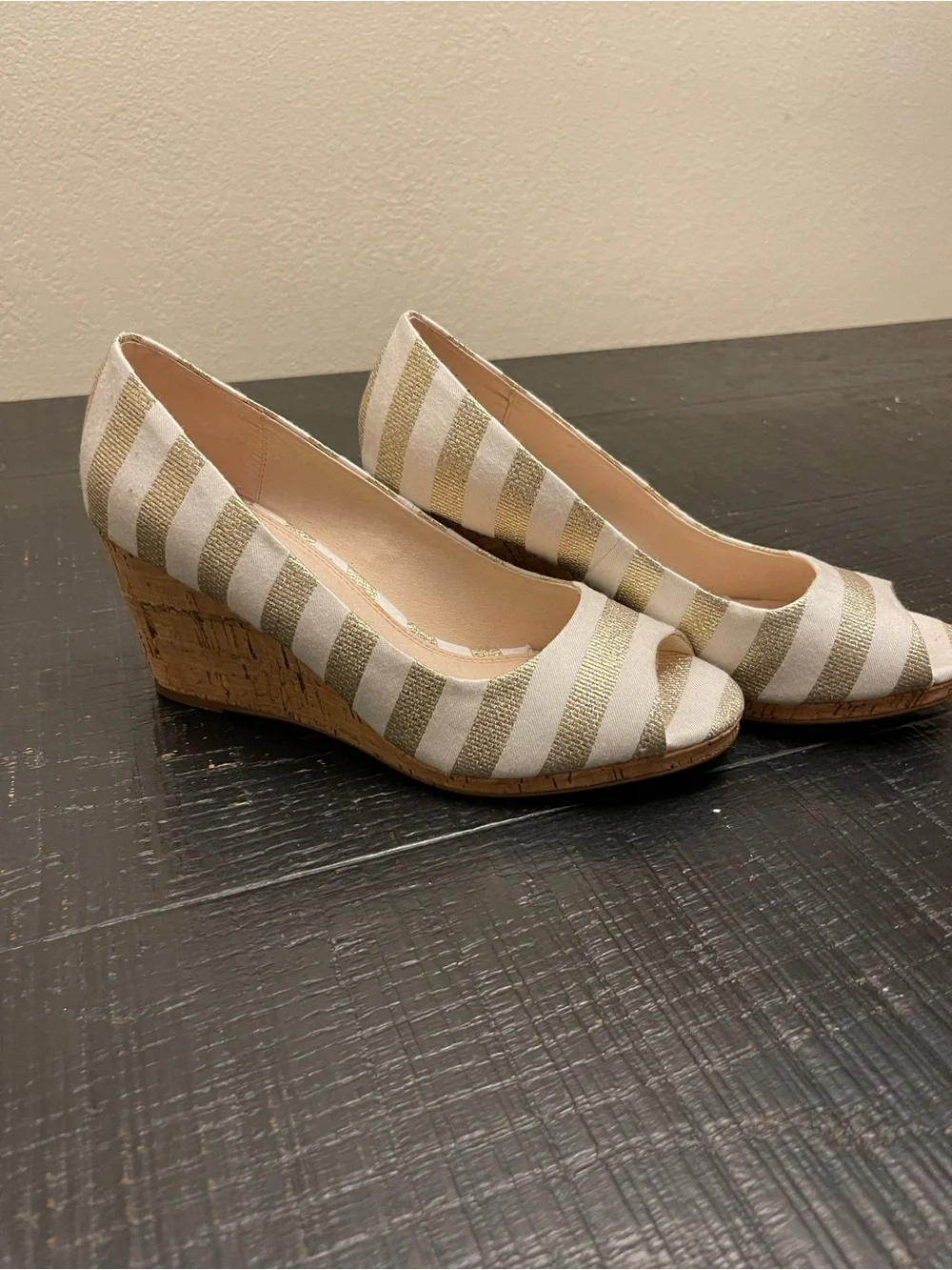 Wedge Peep-Toe Pumps in Cream and Gold Stripe